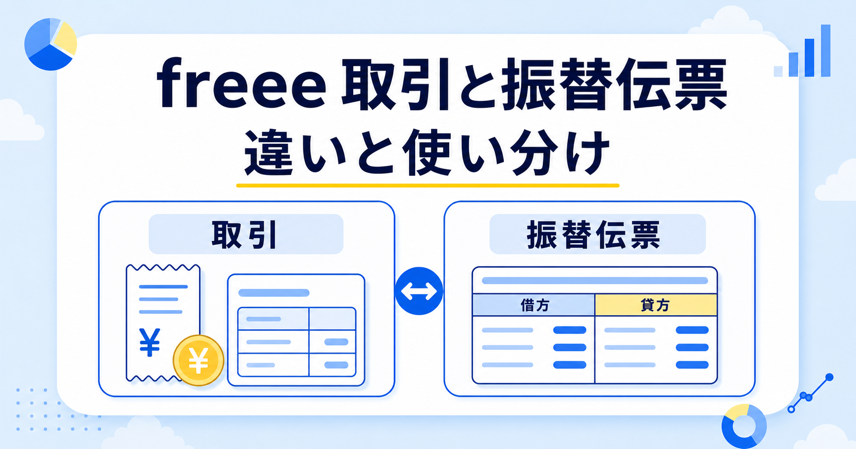 freeeの取引と振替伝票の違いと使い分けを示すアイキャッチ