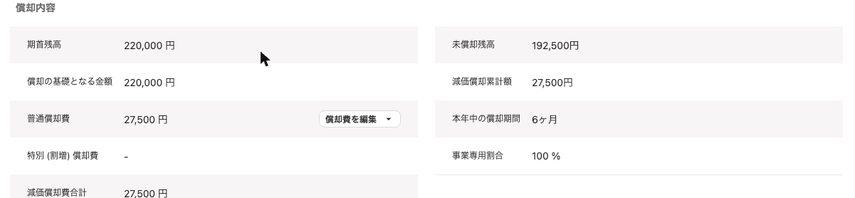 freee固定資産台帳で減価償却費27500円と未償却残高を確認する画面