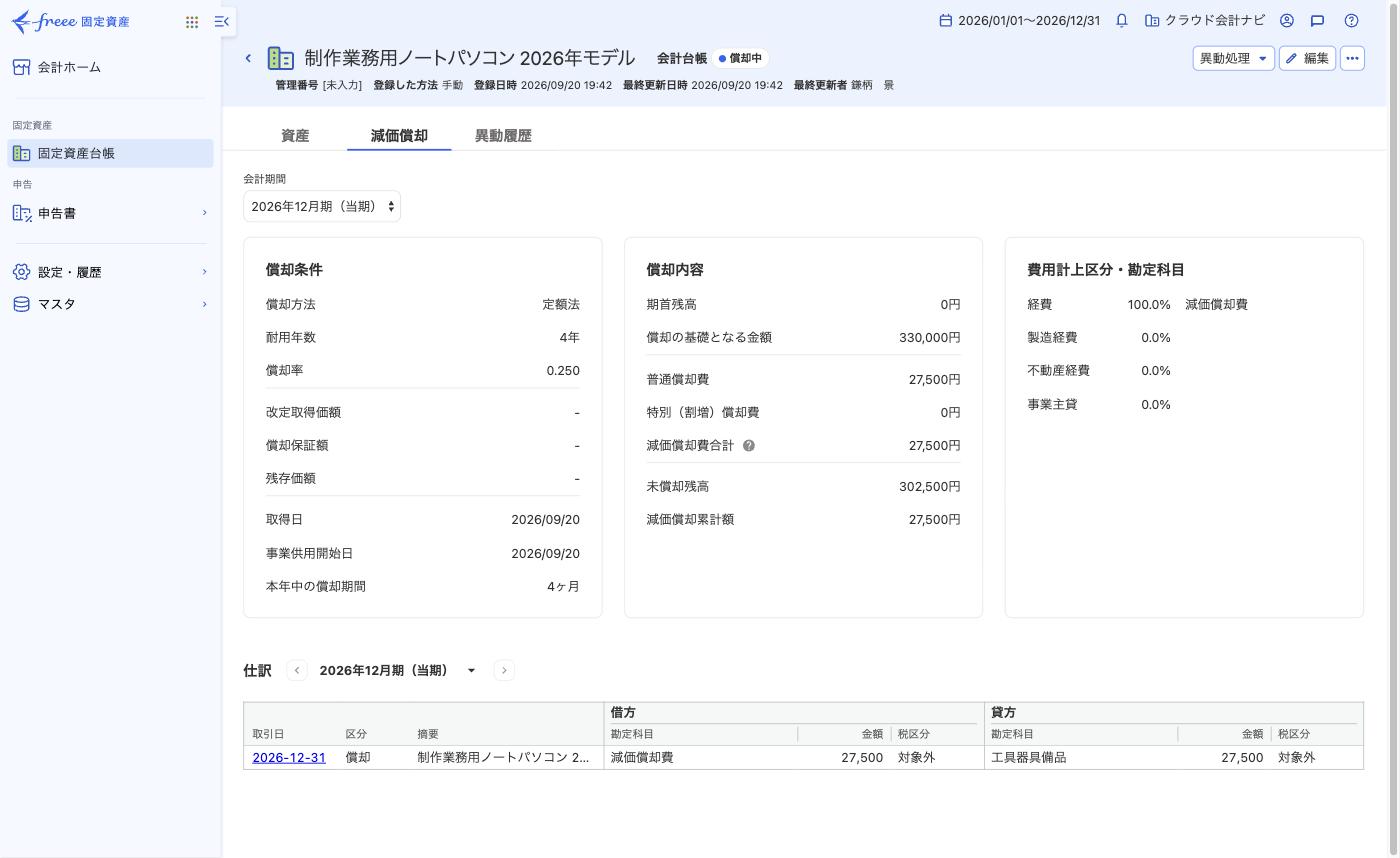新しいノートパソコンの減価償却費と未償却残高